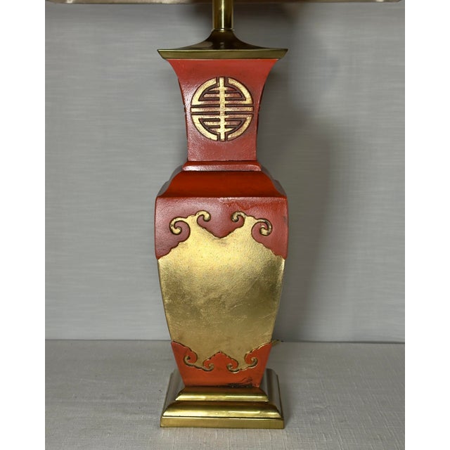 Late 20th Century Vintage James Mont Style Tole Lamp by Turtle and Crane - Bespoke Cinnabar & Gold Leaf - Newly Painted For Sale - Image 5 of 14