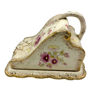 Antique Victorian Covered Cheese Dish - Pink & Gold, Stoke-on-Trent, C. 1910 For Sale