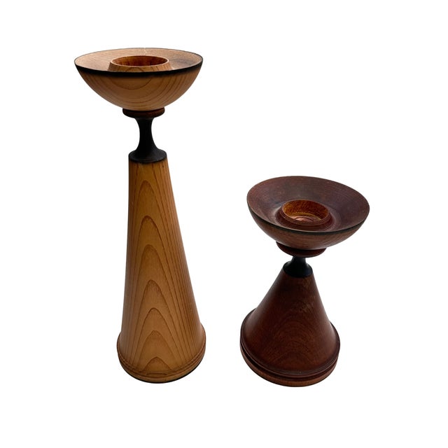 A striking pair of vintage turned wood candle holders by Rondeau Québec, each stamped on the underside. Crafted in Québec,...