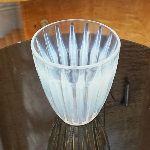 Chamonix , an art deco frosted and opalescent glass vase by rené lalique. Relief decorated with stylised pattern. Stencil...