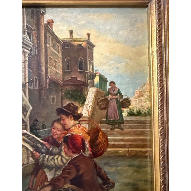 Vintage a Tucker Venetian Street Artist Selling Art Realism Oil Painting on Wood For Sale - Image 10 of 14
