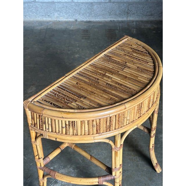 1970s 1970s Burnt Bamboo and Rattan Demilune Console Table For Sale - Image 5 of 12
