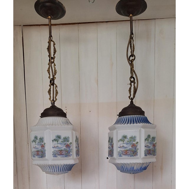 Antique German Art Nouveau Pendants with Opaque White Glass Shades, Japanese Motifs and Brass Mounts, 1900s, Set of 2, in...