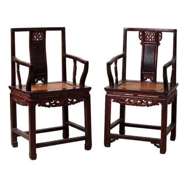 Pair of Chinese Carved Wood Armchairs For Sale