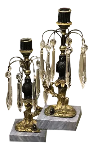 19th Century French Bronze Hawk & Crystal Candle Holders - a Pair
