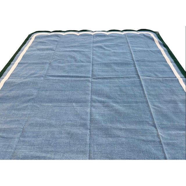 Textile Handmade Woolen Scalloped Rug, Blue With Cream and Forest Green Border - 9'x12' For Sale - Image 7 of 10