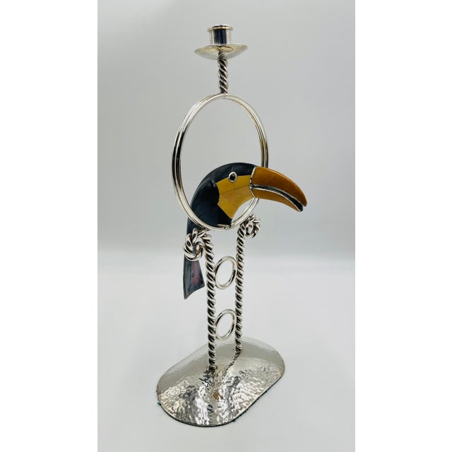 Emilia Castillo 1980s Emilia Castillo Silver-Plated Toucan Candlestick With Onyx Inlay, Taxco Mexico For Sale - Image 4 of 18
