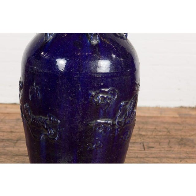19th Century Large Antique Thai Cobalt Blue Martaban Jar with Raised Motifs For Sale In New York - Image 6 of 12