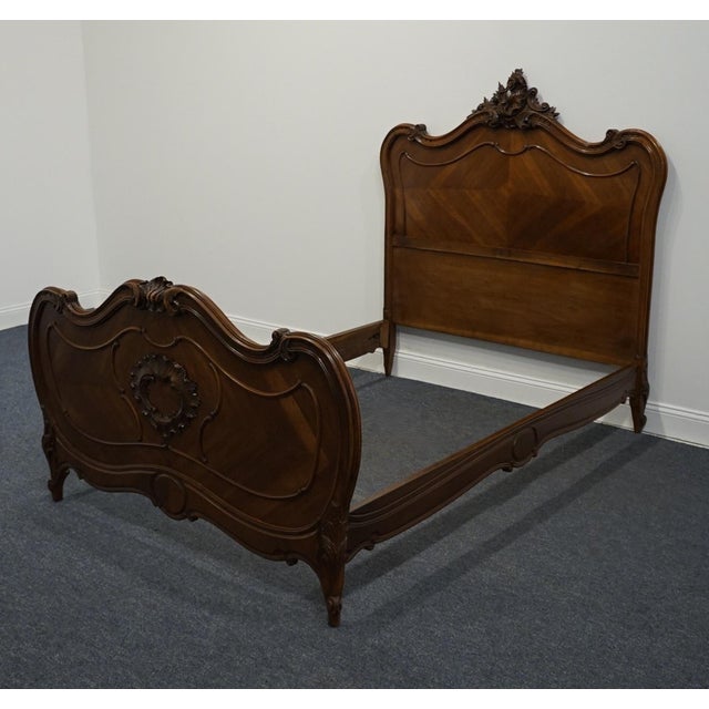 French Provincial Vintage Antique Bookmatched Walnut French Provincial Louis XVI Rococo Full Size Bed For Sale - Image 3 of 12