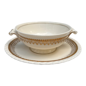 Rare 1930s "Monticello" Ivory Footed Cream Soups and Underplates With Gold Trim by Steubenville for Herman C. Kupper New York, Set of 6