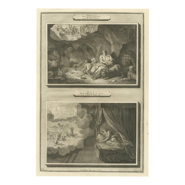 Pieter Mortier, Daniel in the Lions' Den and the Vision of the Four Beasts, 1700, Engraving For Sale