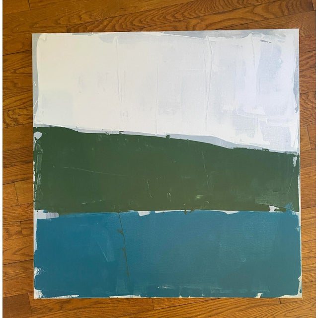 Acrylic on canvas, 36 x 36 x 1.5. Edges painted white, back wired, ready to hang. Signed on the back.