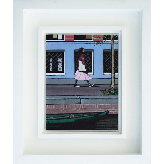 This artwork captures a serene moment along the canals of Amsterdam, featuring a solitary figure strolling past vibrant...