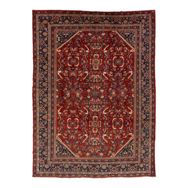 1920's Antique Floral Mahal Wool Rug Handmade in Red For Sale
