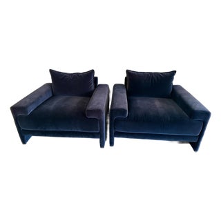 Cb2 Designer Lounge Chairs (4 or 2 Pairs Available) - Navy Blue Velvet Fabric For Sale