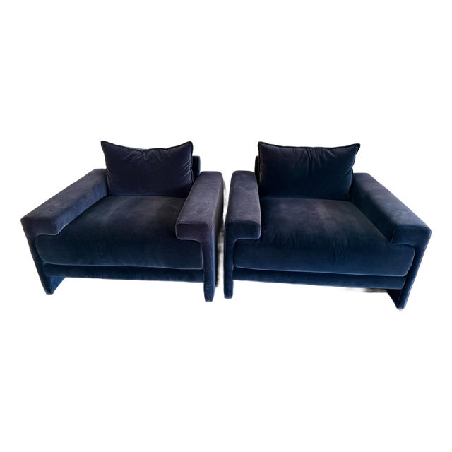 Cb2 Designer Lounge Chairs (4 or 2 Pairs Available) - Navy Blue Velvet Fabric For Sale