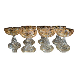 1920s Saint Louis Gilded French Crystal Cluny Pattern Champagne Coupes - Set of 7 For Sale