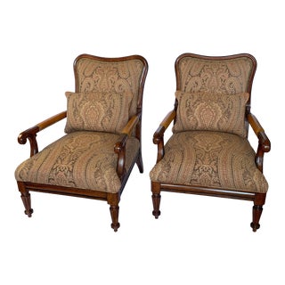 Ralph Lauren Library Club Chairs With Leather, Wood and Fabric - Pair For Sale