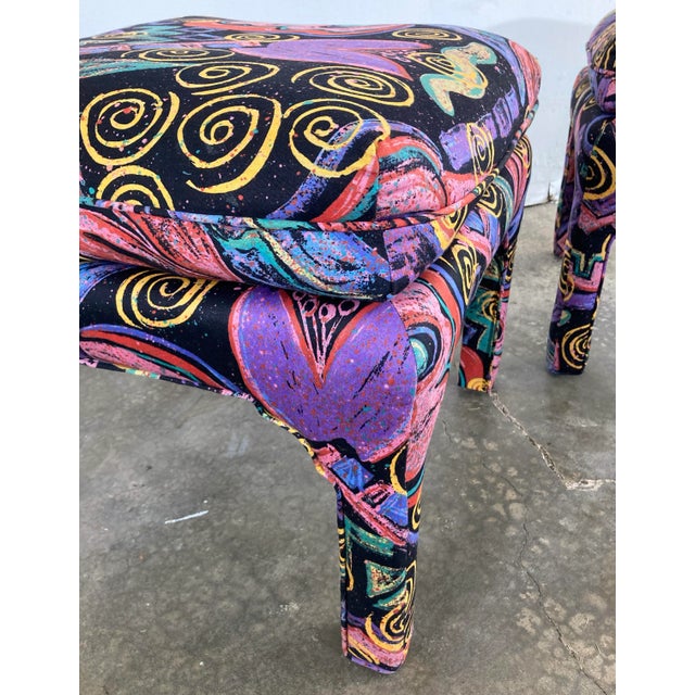 Vintage Postmodern Abstract Upholstered Parsons Stools, Pair For Sale - Image 10 of 10