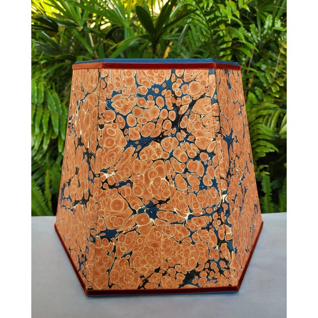 Large Marbled Paper Lampshade Burnt Orange Blue Cream Black Rust Hexagon For Sale - Image 4 of 11