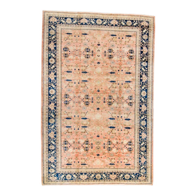 1990s Vintage Oushak Allover Salmon Navy Hand-Knotted Rug - 12’ X 18’1" For Sale