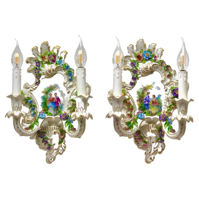 Italian Porcelain Sconces with Floral Decoration, 1950, Set of 2 For Sale
