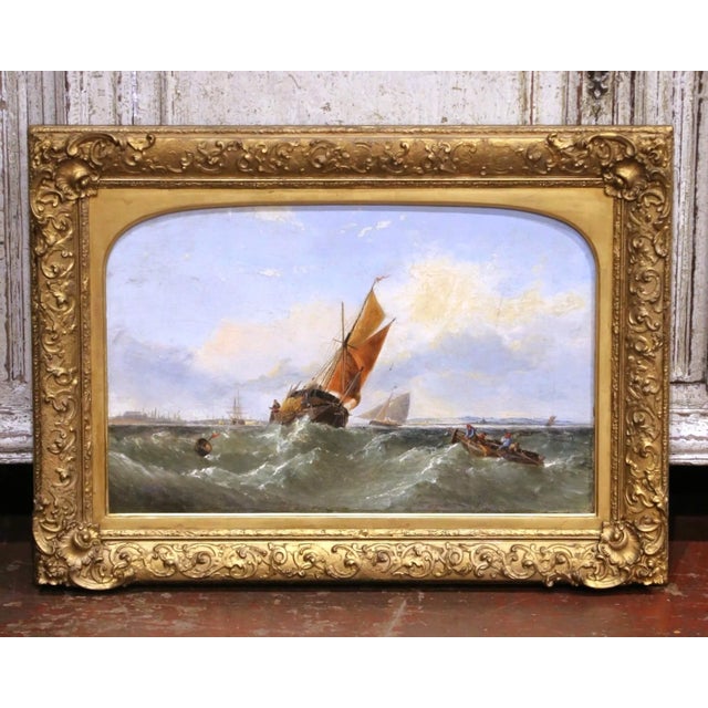 Wood 19th Century English Marine Oil Painting of Fishing Vessels in Rough Seas For Sale - Image 7 of 12