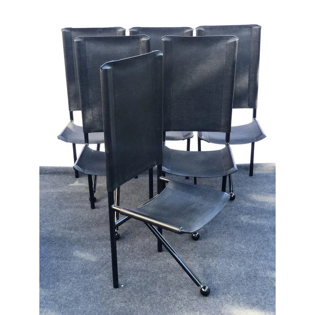 Vintage Tripod Black Leather and Black Metal Side Chairs, Set of 6 For Sale - Image 3 of 6