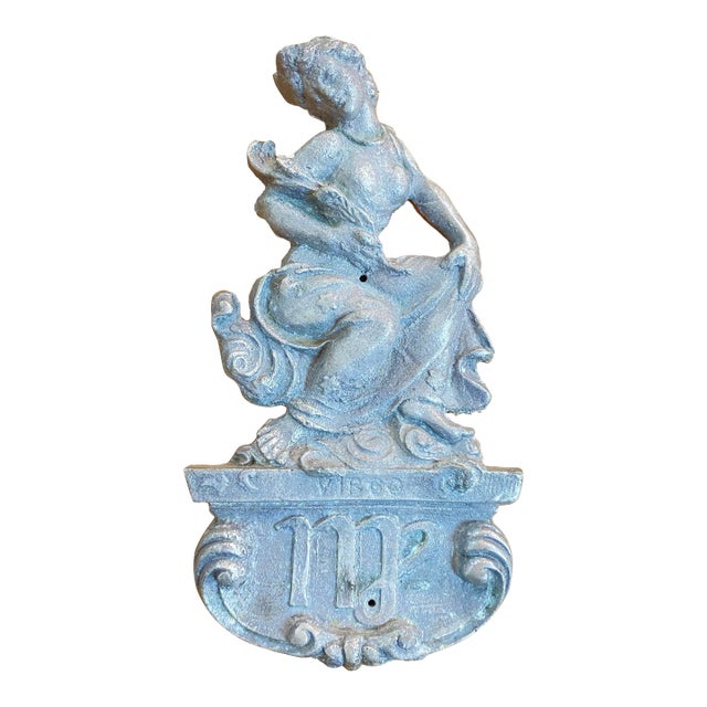 Antique Metal Plaque Virgo Lady For Sale