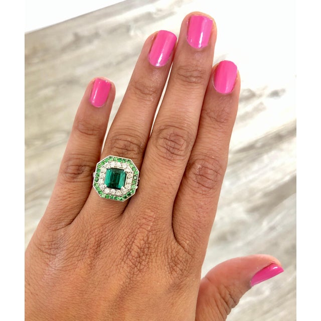 3.45 Carat Green Tourmaline Diamond 14 Karat White Gold Cocktail Ring, Size 7 For Sale - Image 4 of 4