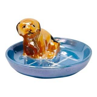 Antique Art Deco 1920s Old Noritake Lusterware Figural Dog Trinket Pin Dish For Sale