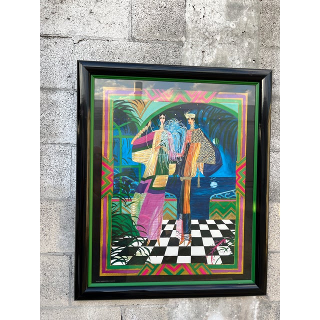 Vintage Colorful 1980s ArtDeco Revival Fashion Illustration Print Framed and Signed by the Artist, Lean Cohen. Features a...