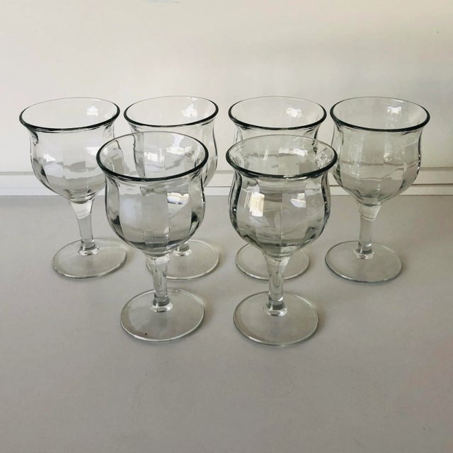 90's set of 6 heavy clear glass wine goblets. wine glasses 3.25"D X 6.15"H , No makers mark , in excellent condition.