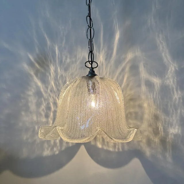 Mid-Century Bell-Shaped Ice Glass and Chrome Pendant Light, 1970s For Sale - Image 6 of 18