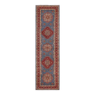 Rustic Super Kazak Light Blue/Red Wool Runner - 2'5'' X 9'9'' For Sale