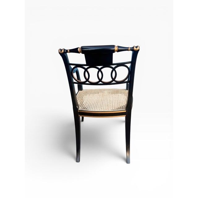 Pair of Baker Furniture “Governor Alston” Regency Black & Gilt Caned Armchairs For Sale In Boston - Image 6 of 14
