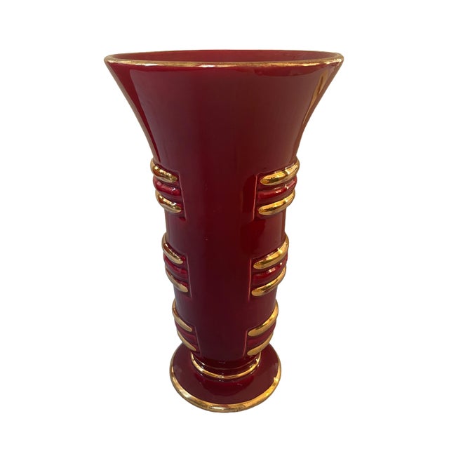Mid-Century Modern Red & Gold Art Deco Ceramic Vase, Blanche Letalle for Saint-Clement 1950s For Sale - Image 3 of 6