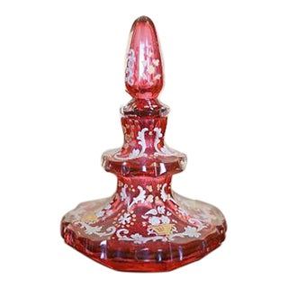 Antique Bohemian Cranberry Glass Enameled Perfume Bottle, 19th. Century For Sale