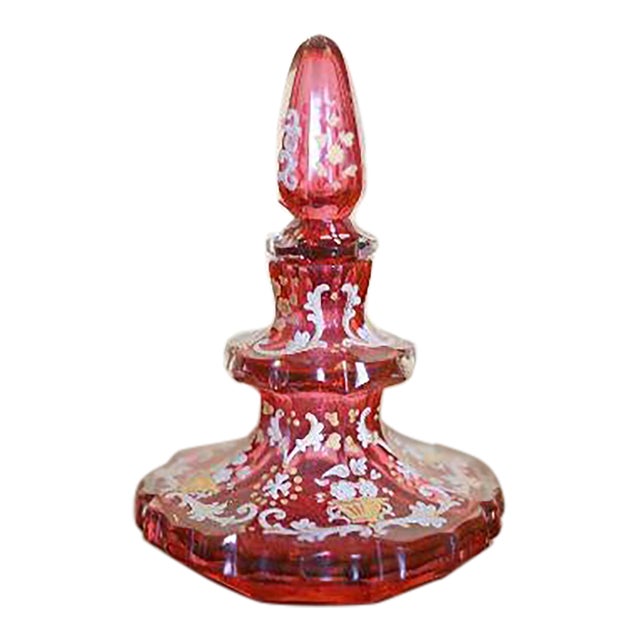 Antique Bohemian Cranberry Glass Enameled Perfume Bottle, 19th. Century For Sale