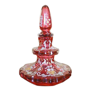 Antique Bohemian Cranberry Glass Enameled Perfume Bottle, 19th. Century