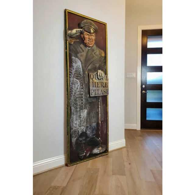 Life-Size Art Deco Movie Theater Relief Carved Polychrome Painted Wooden Usher Fiigure Wall Panel Mural Folk Art For Sale - Image 4 of 12
