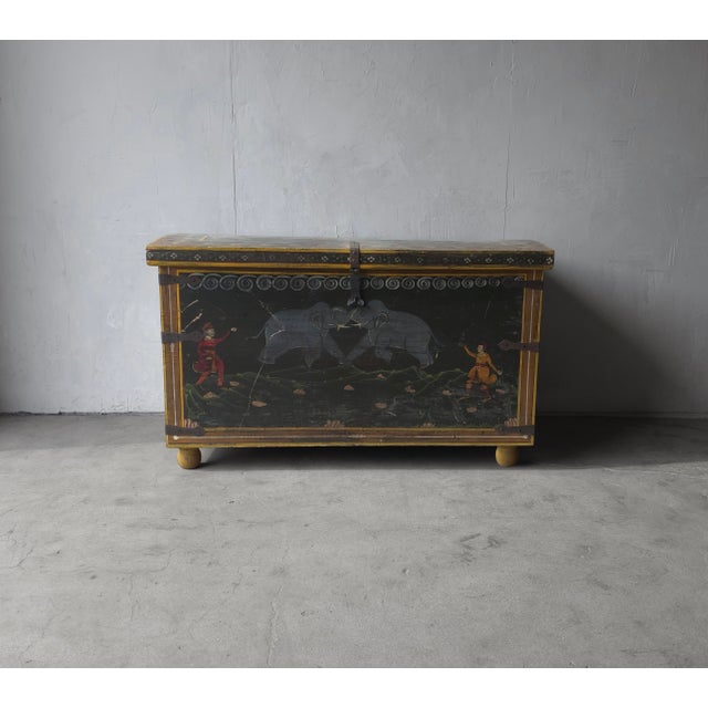 Indian Huge Hand Painted 19th Century Indian Wedding Dowry Trunk For Sale - Image 3 of 15