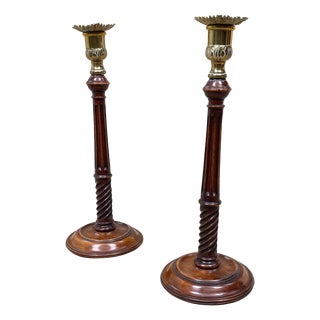 Antique Mahogany and Brass Candlesticks, 1760, Set of 2 For Sale