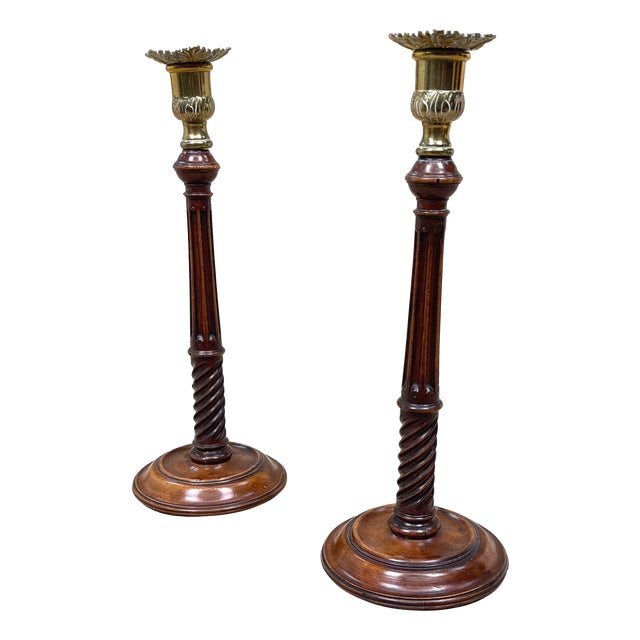 Antique Mahogany and Brass Candlesticks, 1760, Set of 2 For Sale