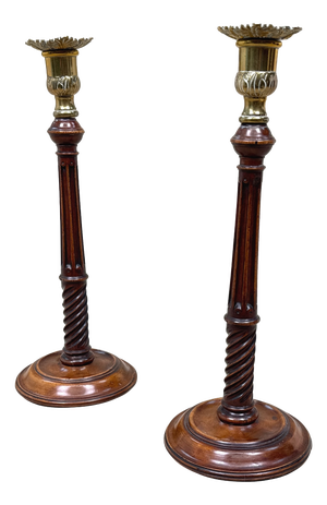 Antique Mahogany and Brass Candlesticks, 1760, Set of 2