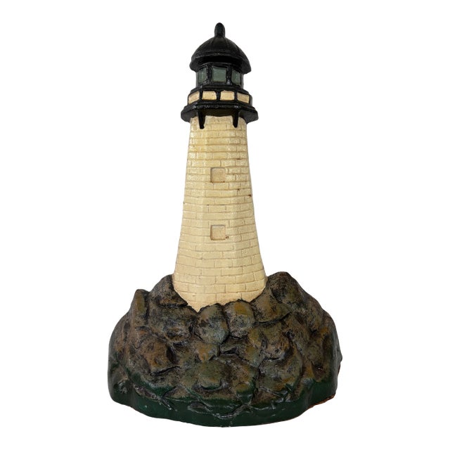 Vintage Solid Cast Iron Lighthouse Doorstop – Hand-Painted Coastal Decor For Sale