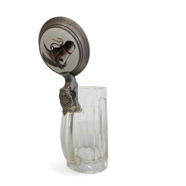 Brown German Lidded Beer Stein Mug in Porcelain, Glass and Pewter For Sale - Image 8 of 14