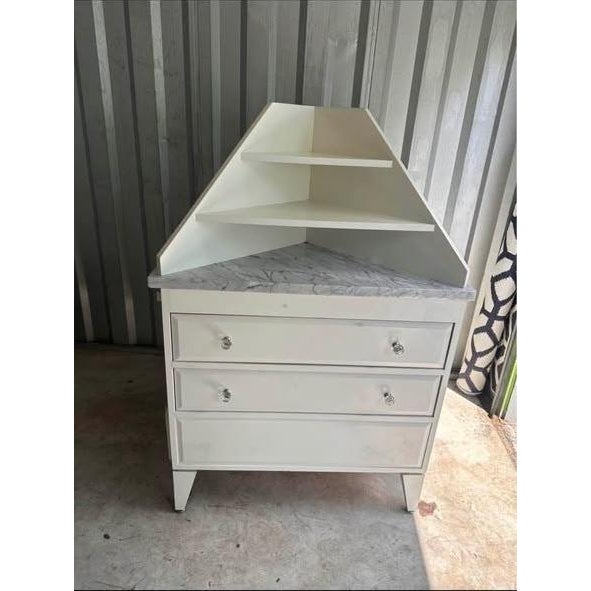 Traditional White Display Cabinet With Gray and White Marble Top and Tiered Shelves For Sale - Image 3 of 5