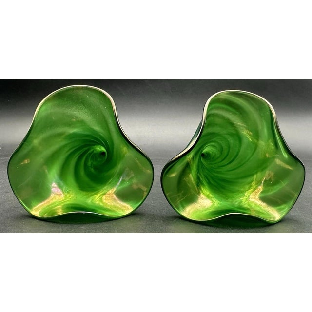 Metal Antique Victorian Glass Epergne Trumpet Horn Vase Green Opaline Metal Base Pair For Sale - Image 7 of 17