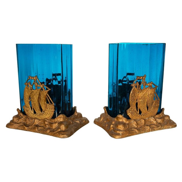 Art Deco Antique American Art Deco Brass Glass Vases Ship Bookends Bradley & Hubbard 1925 For Sale - Image 3 of 13